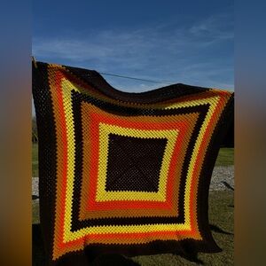 Vintage Handmade Crochet Square Blanket in Brown, Yellow & Orange 70s